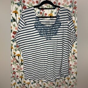 Lane Bryant Navy and White Striped Scoop Neck Top with Embroidered Yoke